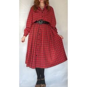 80’s Vintage Red Tartan Plaid Long Sleeve Maxi Dress